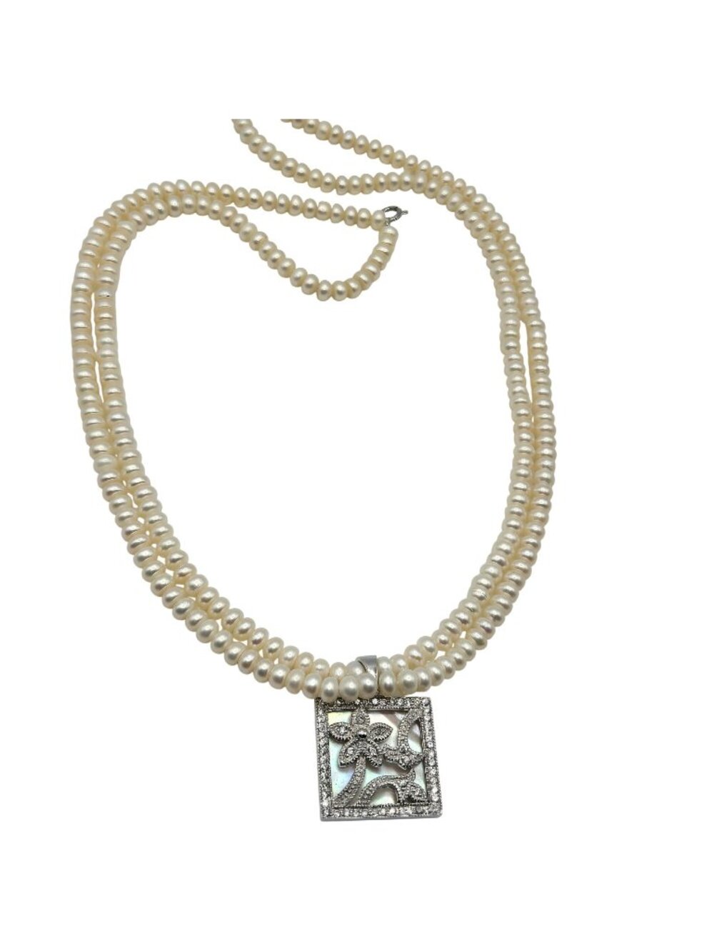Vintage Freshwater Pearl Necklace Mother-Of-Pearl Crystal Pendant Double-Strand